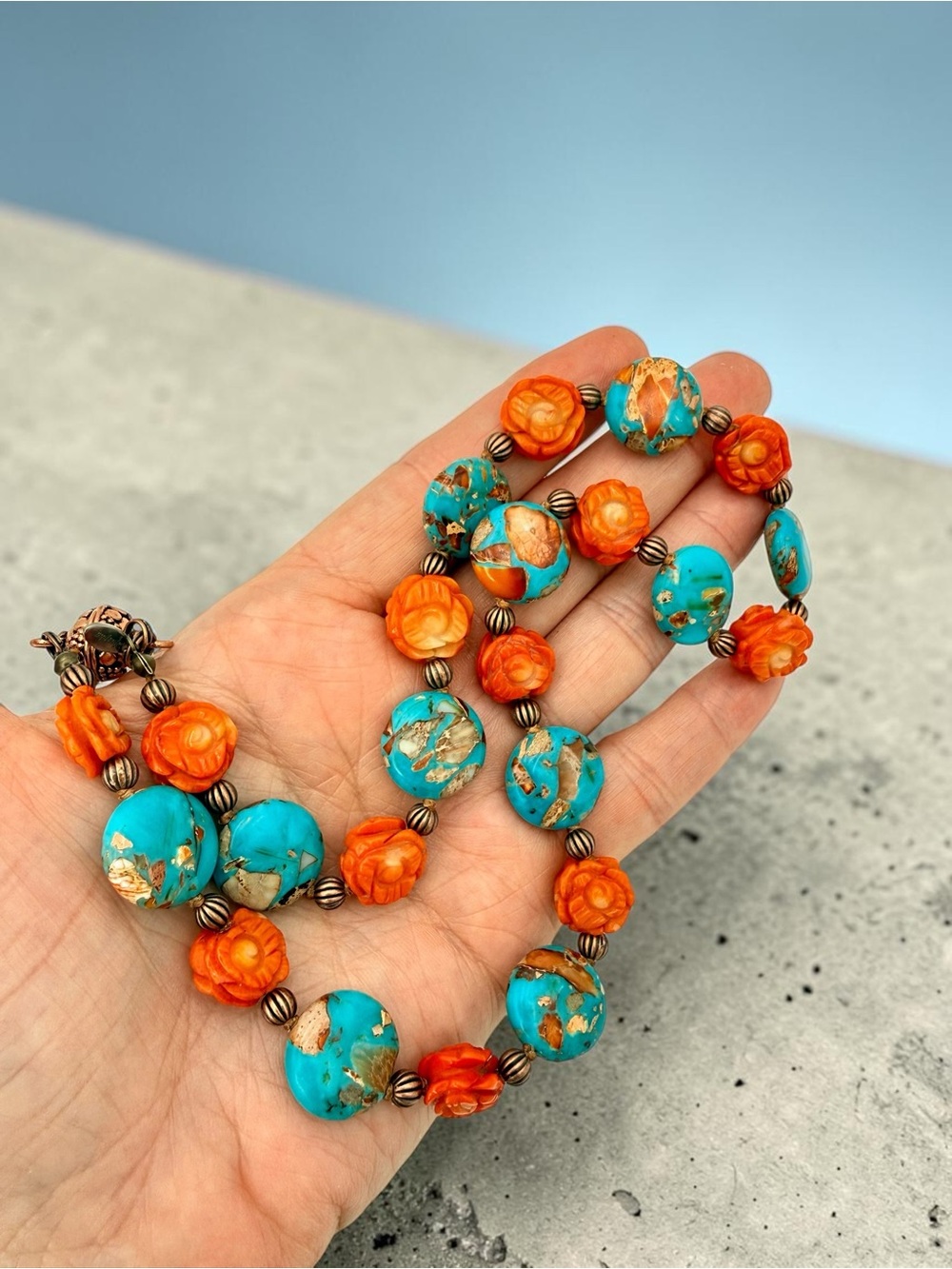 Artisan Hand Knotted Emperor Jasper Carved Coral floral bead Copper Necklace 18” - Picture 10 of 17